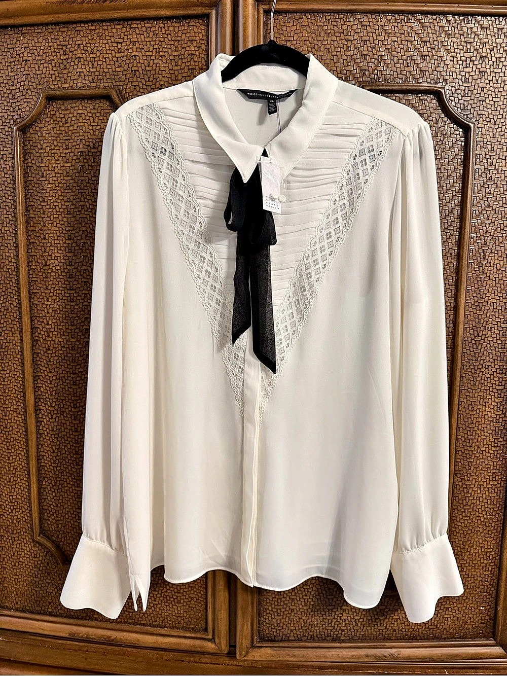White House Black Market Pintuck Lace Tie-Neck Blouse XL NWT